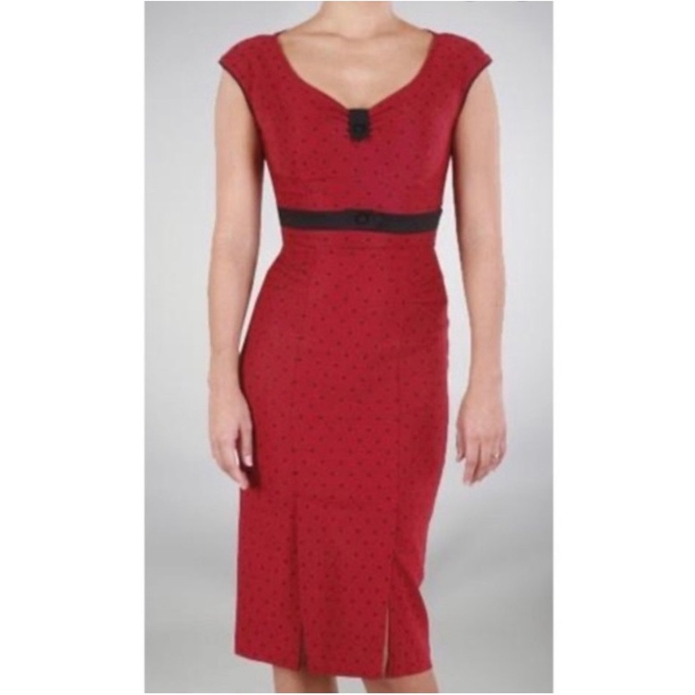 Stop Staring Size Medium Red & Black Polka Dot Retro Bombshell Pinup Midi Dress